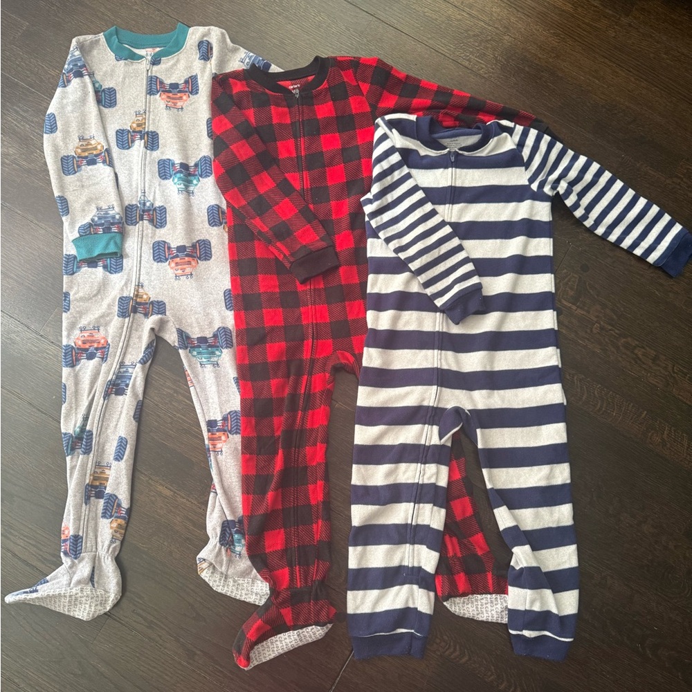 Kids Fleece One Piece Pajama Set - Red, Blue, and Gray